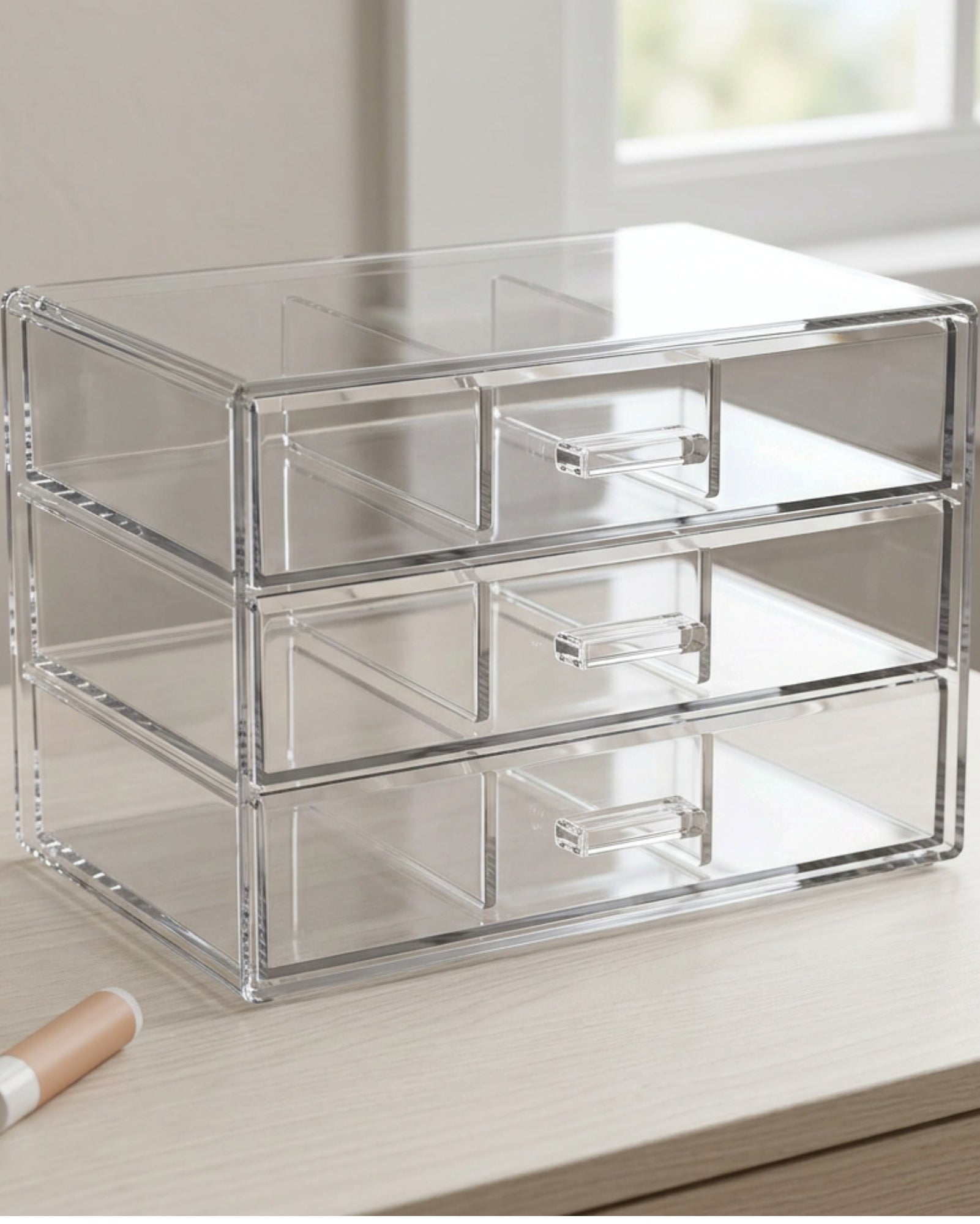 Wqos Clear Acrylic Cosmetic Organizer 24 cm Three Drawers - Lifestyle view
